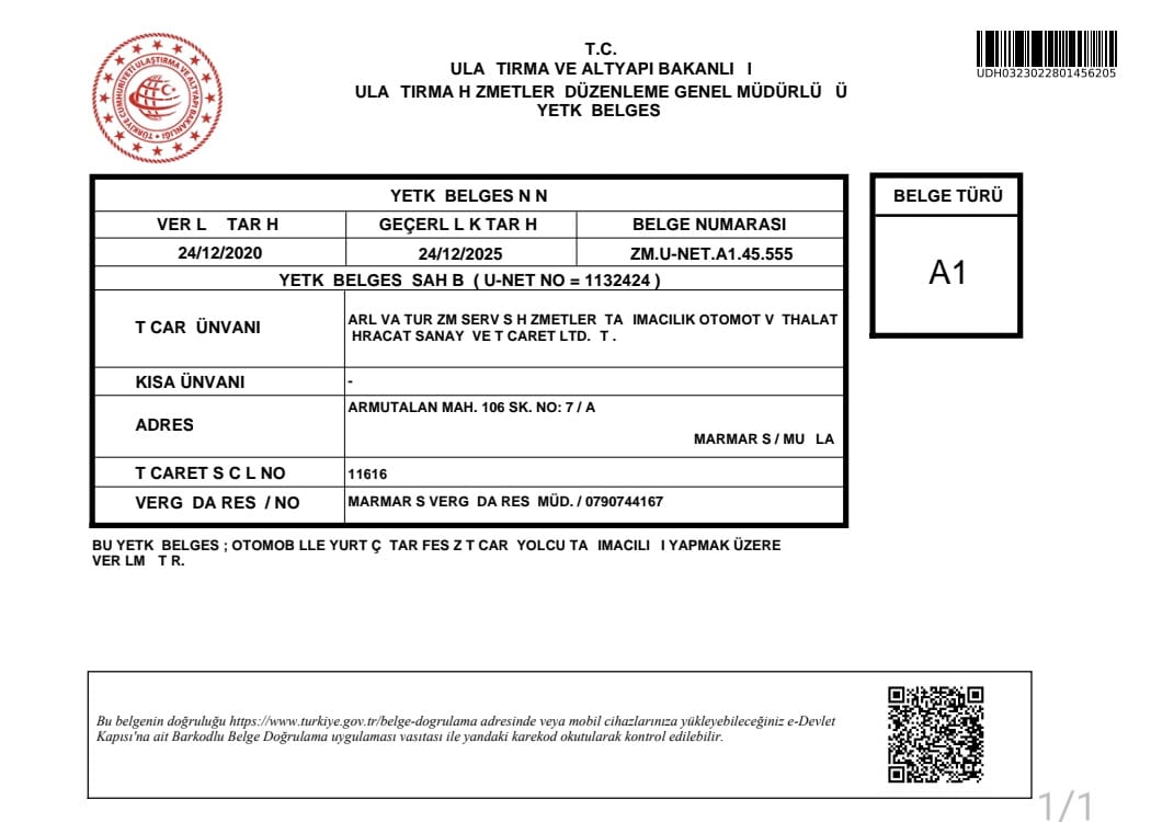 Ulaştırma Bakanlığı D2 Yetki Belgesi — Şahintur Transfer