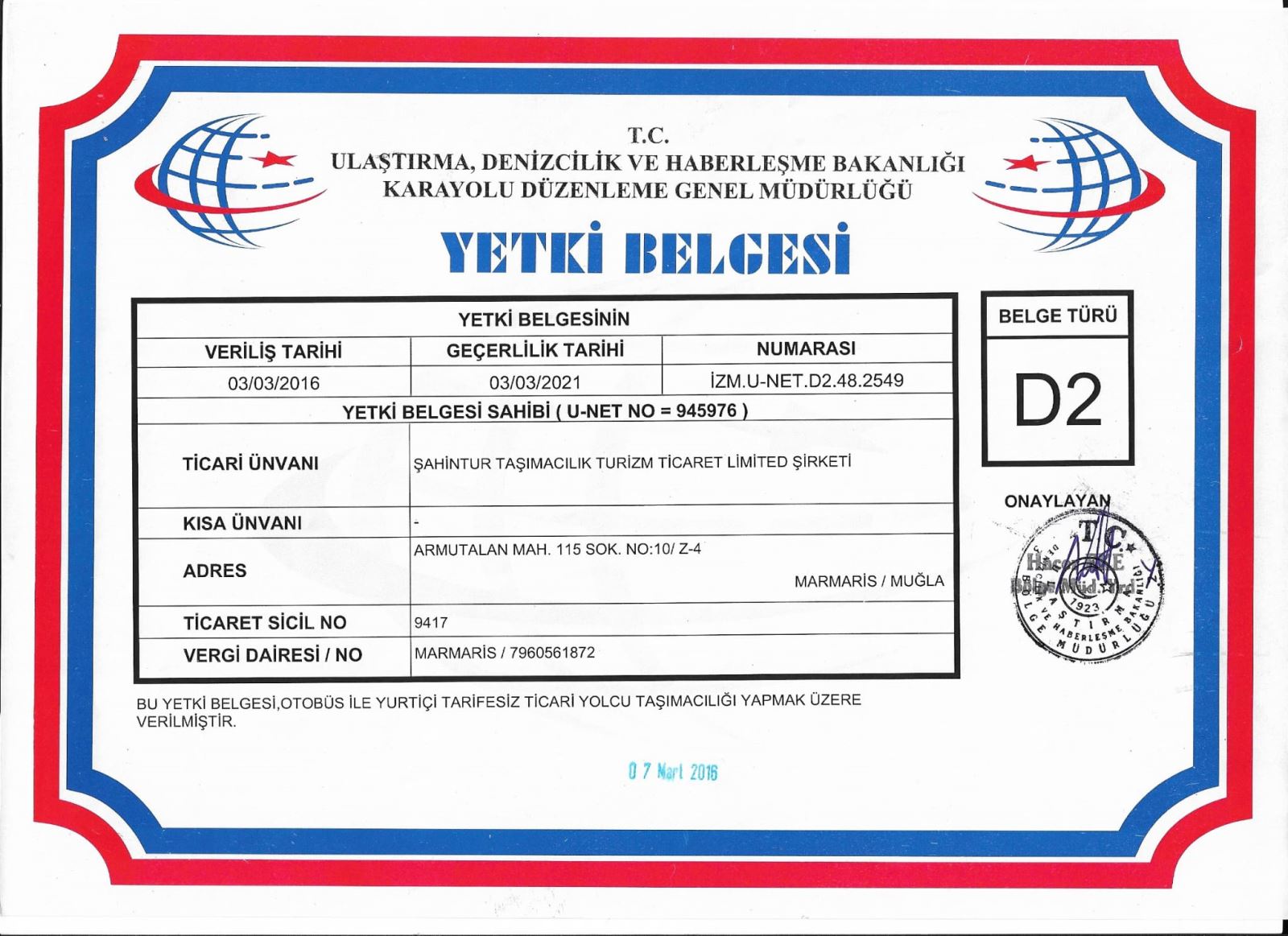 T.C. Kültür ve Turizm Bakanlığı Yetki Belgesi — Şahintur Transfer